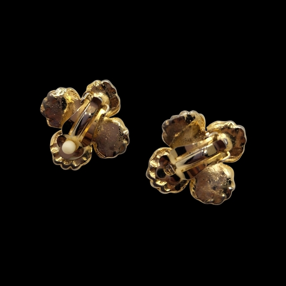 WOMENS VINTAGE GOLD PLATED SUN FLOWER FAUX PEARL CLIP ON EARRINGS - Picture 3 of 7